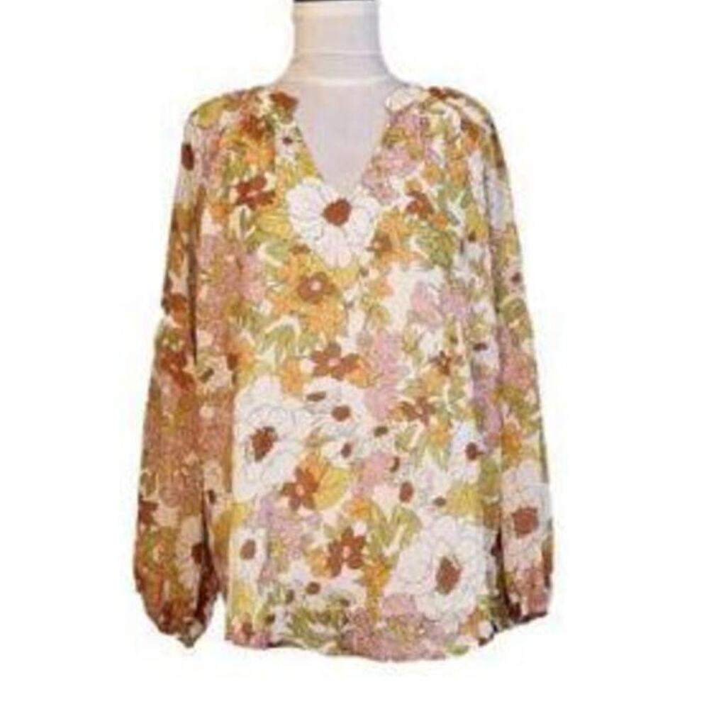 BTFBM Size Large Tan Pink Floral V Neck Long Balloon Sleeve Boho Top NWT - Picture 2 of 8